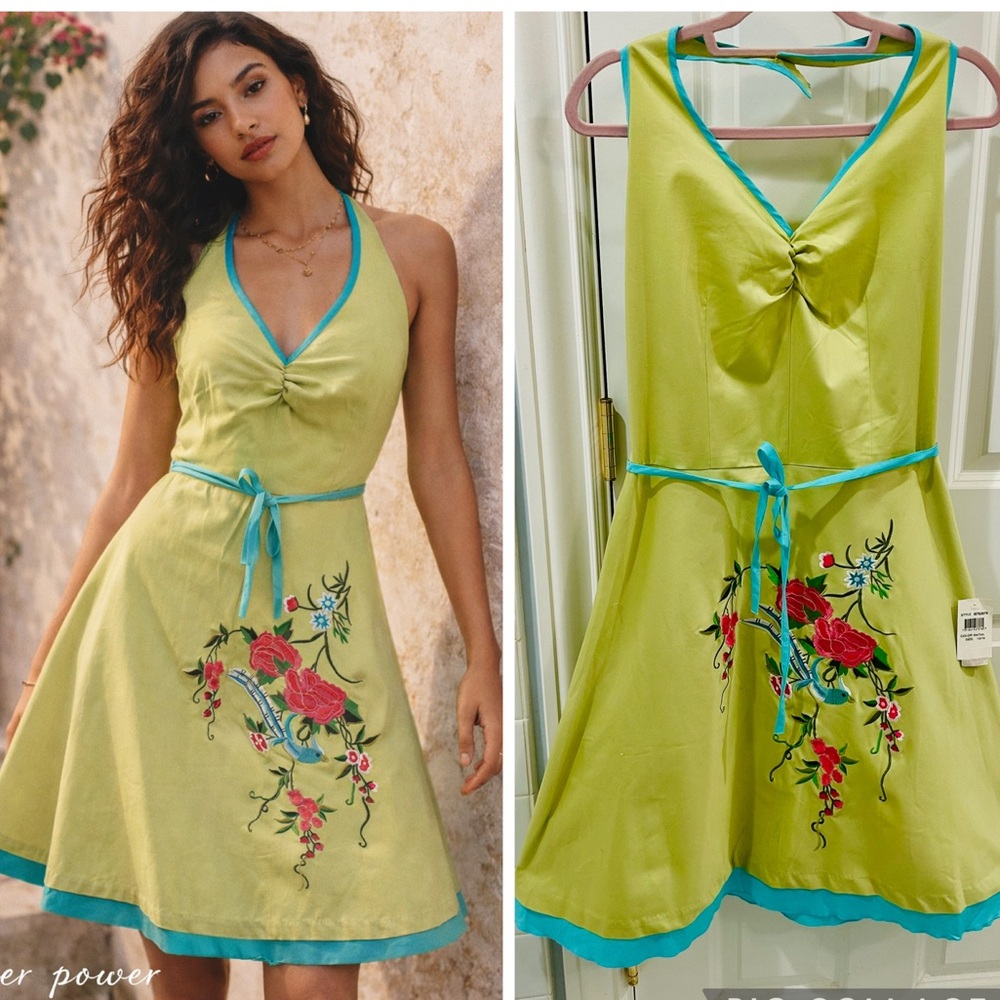 Vintage B. Darlin Lime Green Halter Dress Embroidered Bird Floral A-Line NWT Med - Picture 12 of 12
